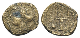 Sicily, Messana, 411-408 BC. Æ (12mm, 1.24g, 6h). Head of Pelorias l. R/ Trident. HGC 2, 841. Good Fine