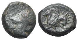 Sicily, Syracuse, 400-390 BC. Æ Hemilitron (18mm, 5.69g, 9h). Head of Athena l., wearing Corinthian helmet decorated with wreath. R/ Hippocamp l. HGC ...