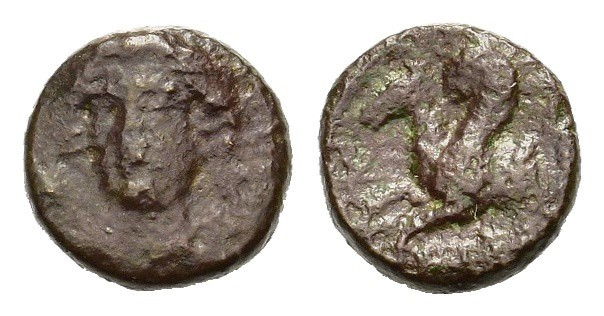 Sicily, Syracuse, 344-317 BC. Æ (12.5mm, 2.30g). Head of Arethousa facing slight...