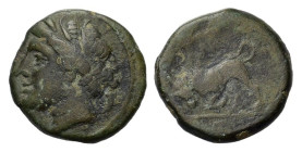 Sicily, Syracuse. Agathokles (317-289 BC). Æ (17mm, 4.00g), c. 317-310. Head of Arethusa l. R/ Bull butting l. HGC 2, 1489. Good Fine