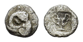 Thraco-Macedon Region, Uncertain, c. 500-450 BC. AR Hemiobol(?) (6mm, 0.20g). Ram’s head l. R/ Kantharos within incuse square. Tzamalis 49. Near VF