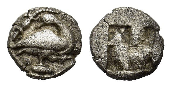 Macedon, Eion, c. 5th century BC. AR Diobol (10mm, 1.04g). Goose standing r., he...