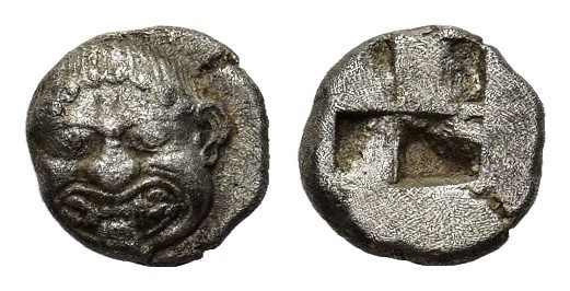 Macedon, Neapolis, c. 500-480 BC. AR Obol (9mm, 0.98g). Gorgoneion. R/ Quadripar...