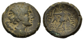 Macedon, Pella, c. 187-168/7 BC. Æ (21mm, 6.70g). Laureate head of Apollo r. R/ Athena Alkidamos r.; monograms flanking. HGC 3.1, 619. Near VF