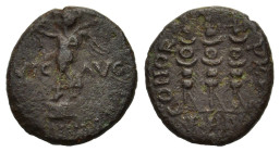 Macedon, Philippi, c. AD 41-68. Æ (19.5mm, 5.70g). Nike standing l. on base, holding wreath and palm. R/ Three standards. RPC I 1651; SNG Copenhagen 3...