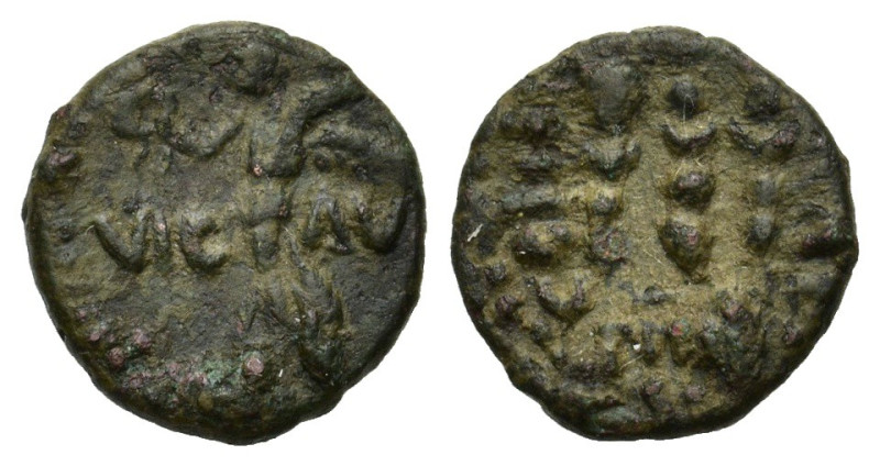 Macedon, Philippi, c. AD 41-68. Æ (17mm, 3.20g). Nike standing l. on base, holdi...