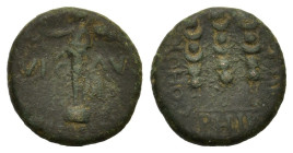 Macedon, Philippi, c. AD 41-68. Æ (17mm, 4.00g). Nike standing l. on base, holding wreath and palm. R/ Three standards. RPC I 1651; SNG Copenhagen 305...
