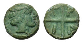 Macedon, Tragilos, c. 450-400 BC. Æ (10mm, 0.92g). Head of Hermes r., wearing petasos. R/ T-R/A-I within four part incuse square. HGC 3.1, 750. Green ...