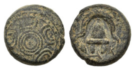 Kings of Macedon, Philip III Arrhidaios (323-317 BC). Æ (14mm, 3.80g). Miletos or Mylasa, c. 323-319 BC. Macedonian shield with central pellet. R/ Cre...