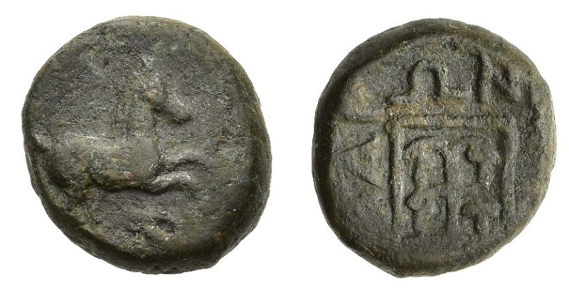 Thrace, Maroneia, c. 398/7-348/7 BC. Æ (14mm, 4.40g). Horse prancing r. R/ Grape...