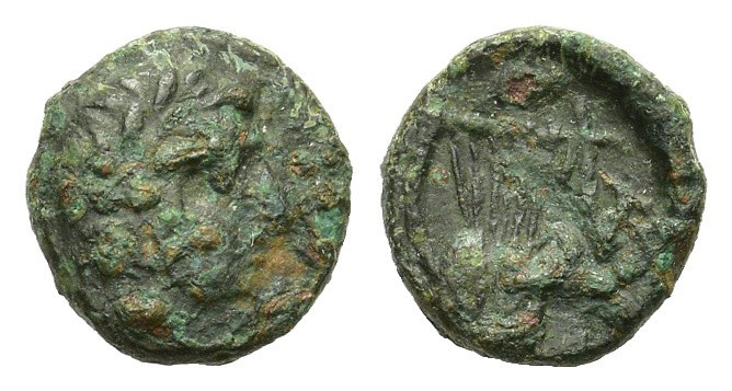 Uncertain mint, c. 3rd century BC. Æ (12mm, 1.50g). Laureate head r. R/ Lyre. Go...