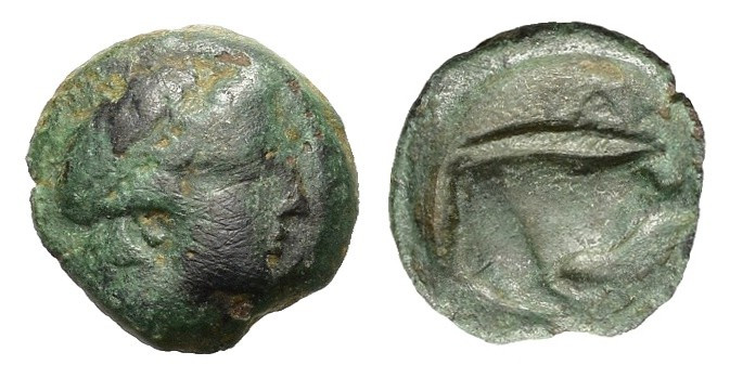 Uncertain mint. Æ (13mm, 1.66g). Head (of Apollo?) r. R/ Forepart of boar r. Fin...