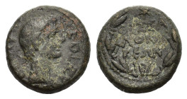 Augustus (27 BC-AD 14). Macedon, Thessalonica. Æ (16mm, 4.50g). Bare head r. R/ Ethnic in three lines; all within wreath. RPC I 1559. Good Fine