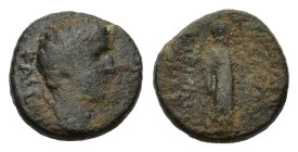 Tiberius (14-37). Phrygia, Hierapolis. Æ (15.5mm, 4.00g). Uncertain magistrate. Laureate head r. R/ Apollo, standing facing, head r., holding plectrum...