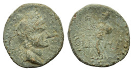 Tiberius (14-37). Pamphylia, Side. Æ (19mm, 5.30g). Laureate head r. R/ Athena advancing, l., with spear over shoulder and shield on near shoulder; po...