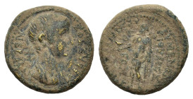 Nero (54-68). Phrygia, Eumeneia. Æ (20mm, 4.60g). Julius Cleon, archiereus of Asia, c. AD 54-5. Bareheaded and draped bust r. R/ Apollo standing l., h...