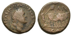 Domitian (81-96). Pisidia, Antioch. Æ (20mm, 8.60g). Laureate head r. R/ Priest holding vexillum ploughing with two oxen r.; above, crescent. RPC II 1...