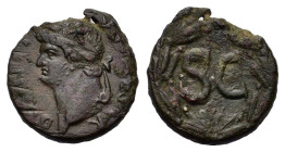 Domitian (81-96). Seleucis and Pieria, Antioch. Æ (20mm, 6.00g). Laureate head l. R/ Large SC within wreath. Cf. RPC II 2023. Good Fine
