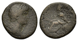Hadrian (117-138). Cappadocia, Tyana(?). Æ (24mm, 10.00g). Laureate head r. R/ Tyche seated l., holding ears of corn and resting on seat; below, river...
