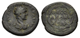 Caracalla (Caesar, 196-198). Macedon, Thessalonica. Æ (20mm, 6.20g). Bare-headed, draped and cuirassed bust r. R/ Ethnic in three lines within wreath....