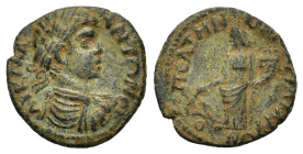 Caracalla (198-217). Caria, Peltae. Æ (21mm, 4.60g). T. Arion, strategos. Laureate, draped and cuirassed bust r., seen from behind. R/ Tyche standing ...