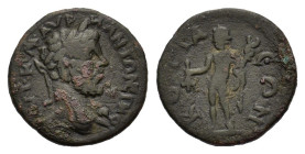 Caracalla (198-217). Phrygia, Cotiaeum. Æ (19mm, 3.20g). Laureate head r. R/ Hermes standing l., holding purse and caduceus. SNG von Aulock 3781. Good...