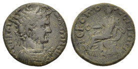 Caracalla (198-217). Phrygia, Hieropolis. Æ (23.5mm, 7.50g). Laureate and cuirassed bust r. R/ Cybele seated l., holding patera; lion at feet to l. an...