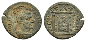 Macrinus (217-218). Pamphylia, Perge. Æ (24mm, 5.90g). Laureate and cuirassed bust r. R/ Cult idol of Artemis Pergaia, flanked by star and crescent an...