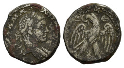 Elagabalus (218-222). Seleucis and Pieria, Antioch. Tetradrachm (24mm, 13.60g). Laureate bust r. with drapery on far shoulder. R/ Eagle standing facin...