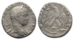 Elagabalus (218-222). Seleucis and Pieria, Antioch. Tetradrachm (24mm, 9.64g, 1h). Laureate bust r. with drapery on far shoulder. R/ Eagle standing fa...