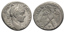 Elagabalus (218-222). Seleucis and Pieria, Antioch. Tetradrachm (24mm, 12.89g, 6h). Laureate bust r. with drapery on far shoulder. R/ Eagle standing f...