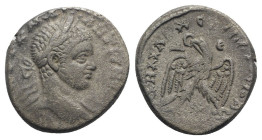 Elagabalus (218-222). Seleucis and Pieria, Antioch. Tetradrachm (26mm, 10.85g, 12h). Laureate bust r. with drapery on far shoulder. R/ Eagle standing ...