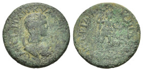 Tranquillina (241-244). Pamphylia, Perge. Æ (25mm, 8.70g). Diademed and draped bust r., set on crescent. R/ Artemis standing r., quiver at shoulder, h...