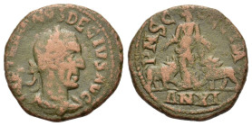Trajan Decius (249-251). Moesia Superior, Viminacium. Æ (28mm, 12.70g), year 11 (244/5). Laureate, draped and cuirassed bust r. R/ Moesia standing fac...