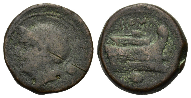 Anonymous, Rome, c. 217-215 BC. Æ Uncia (25mm, 13.60g). Helmeted head of Roma l....