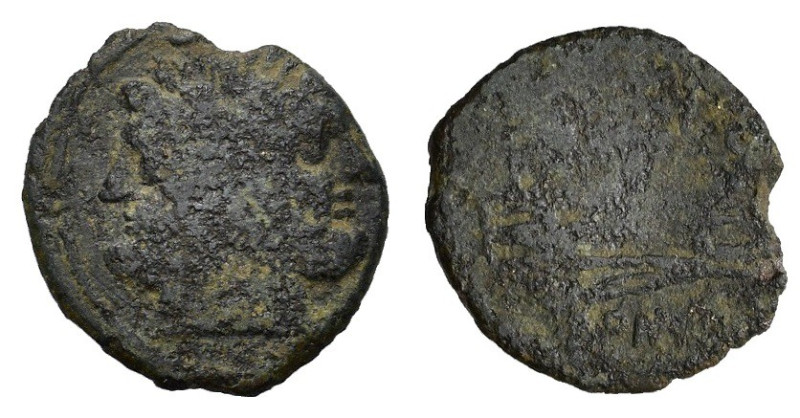 L series, Luceria, 211-208 BC. Æ reduced As (18mm, 2.20g). Laureate of bearded J...