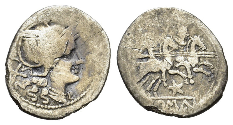 Pentagram series, Uncertain mint, 206-200 BC. AR Denarius (20mm, 2.70g). Helmete...