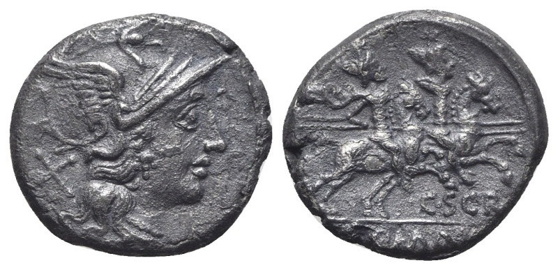 C. Scribonius, Rome, 154 BC. AR Denarius (18mm, 3.79g, 1h). Helmeted head of Rom...