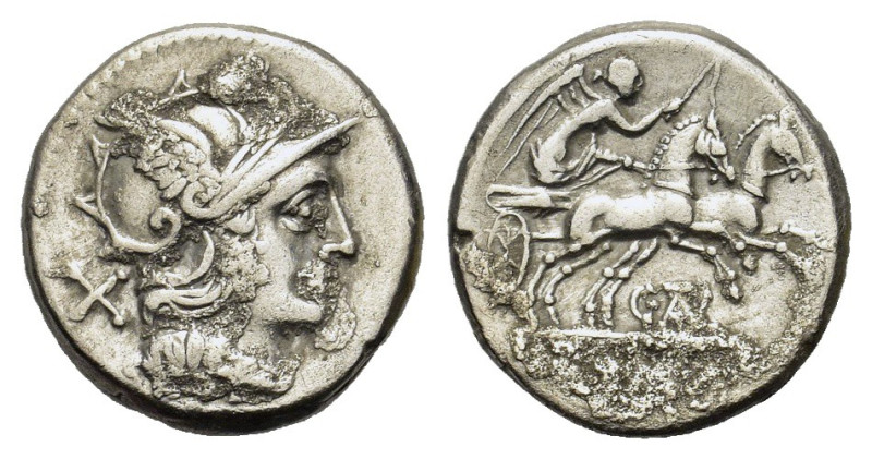 C. Thalna, Rome, 154 BC. AR Denarius (18mm, 3.80g). Helmeted head of Roma r. R/ ...