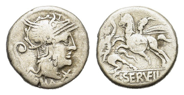 C. Servilius Vatia, Rome, 127 BC. AR Denarius (17mm, 3.70g). Helmeted head of Ro...