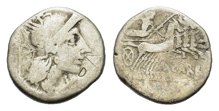 M. Papirius Carbo, Rome, 122 BC. AR Denarius (20mm, 3.60g). Helmeted head of Rom...