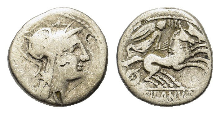 D. Silanus L.f., Rome, 91 BC. AR Denarius (17mm, 3.50g). Helmeted head of Roma r...