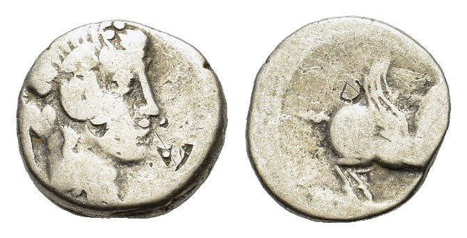 Q. Titius, Rome, 90 BC. AR Denarius (16mm, 3.50g). Head of young Bacchus r., wea...