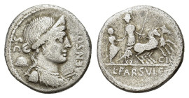 L. Farsuleius Mensor, Rome, 76 BC. AR Denarius (18.5mm, 3.60g). Diademed and draped bust of Libertas r.; pileus to l. R/ Roma holding spear and reins ...