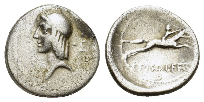 C. Piso L.f. Frugi. 61 BC, Rome, AR Denarius (19mm, 3.57g). Head of Apollo l., h...