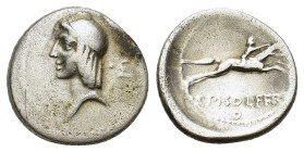 C. Piso L.f. Frugi. 61 BC, Rome, AR Denarius (19mm, 3.57g). Head of Apollo l., hair tied with fillet; control-mark behind. R/ Naked horseman galloping...