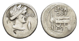 L. Furius Cn.f. Brocchus, Rome, 63 BC. AR Denarius (19mm, 3.90g). Head of Ceres r., wearing wreath of grain ears, a lock of hair falling down her neck...