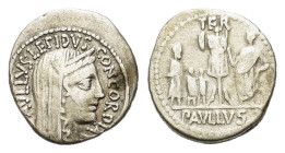 L. Aemilius Lepidus Paullus, Rome, 62 BC. AR Denarius (19mm, 3.90g). Veiled and diademed head of Concordia r. R/ Trophy; to l., three captives (King P...