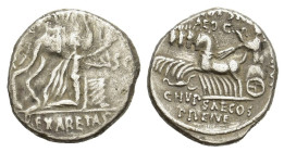 M. Aemilius Scaurus and Pub. Plautius Hypsaeus, Rome, 58 BC. AR Denarius (16mm, 3.65g). Nabatean king Aretas kneeling r., holding reins and olive bran...