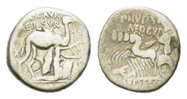 M. Aemilius Scaurus and Pub. Plautius Hypsaeus, Rome, 58 BC. AR Denarius (16mm, 3.60g). Nabatean king Aretas kneeling r., holding reins and olive bran...